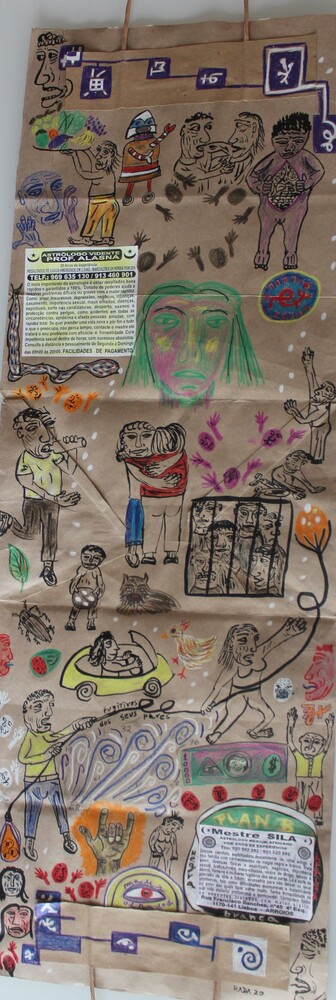 <b>Lisboa</b><br>Técnica: Tinta china y creyones en bolsa de papel<br>Año: 2020