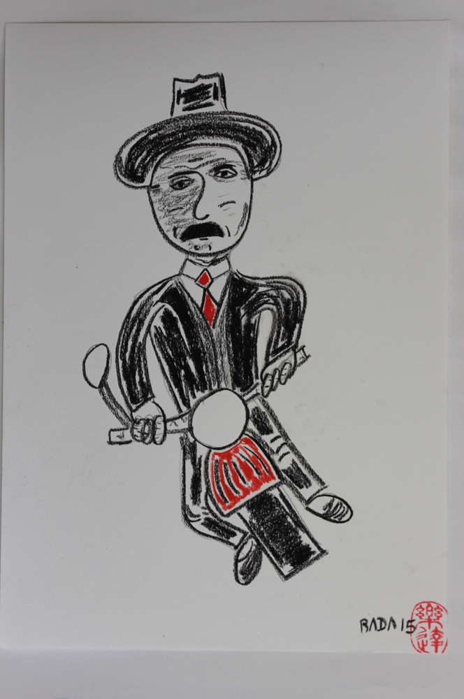 <b>JGH en moto</b><br>Técnica: Creyones, carboncillo en papel<br>Año: 2015