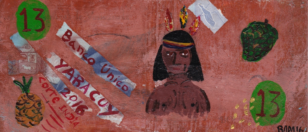 <b>Guaicaipuro (billete)</b><br>Técnica: Acrilico sobre papel moneda<br>Dimensiones: 7x15,5cm<br>Año: 2016