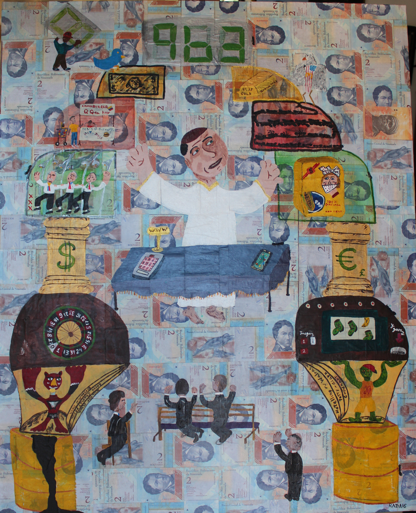 <b>Dolar Yesterday</b><br>Técnica: Acrílico sobre papel moneda<br>Dimensiones: 105x85cm<br>Año: 2016